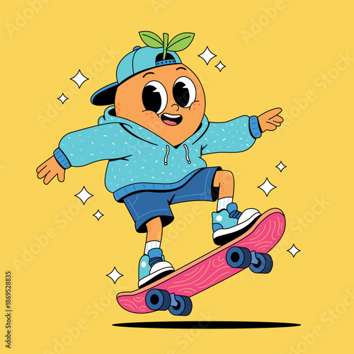 Cartoon Orange Fruit Skateboarding