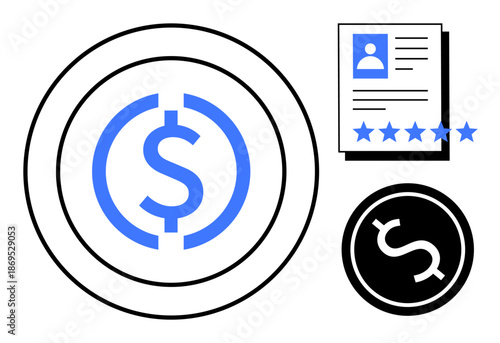 Blue dollar currency symbol with circular outline, black dollar coin, and a document featuring user profile and star rating. Ideal for finance, payments, online reviews, trust, evaluation, branding