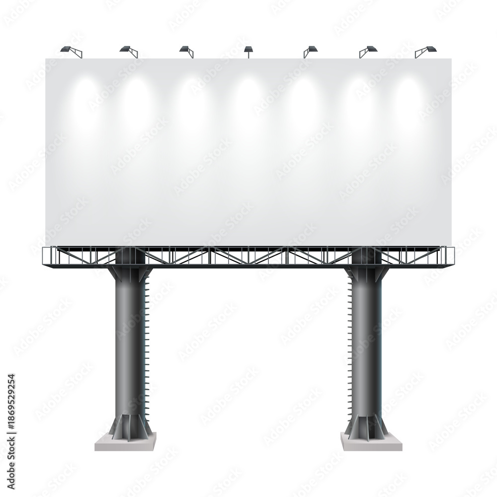 Obraz premium Large blank white billboard mockup with spotlights for outdoor advertising, realistic street sign template for marketing display, 3d illustration isolated