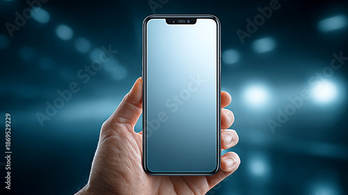Hand holding modern smartphone with blank screen in futuristic background