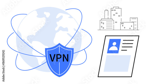 VPN network security concept. VPN protects digital identity, secures online data, and ensures safe browsing. VPN benefits personal privacy, cybersecurity, remote work, and data encryption