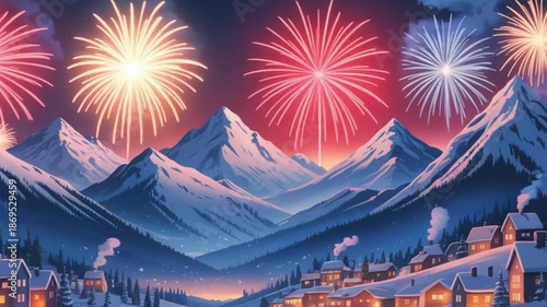Vibrant Winter Wonderland Scene with Snow-Capped Mountains, Cozy Village, and Explosive Fireworks Display at Dusk 4k hd video download