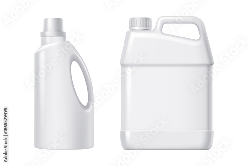 Photos Blank white plastic detergent bottle and gallon jerry can containers for packagi
