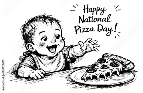 Hand drawn line art illustration of a happy baby reaching for a pizza slice for National Pizza Day