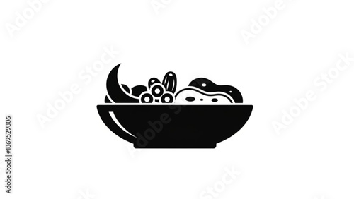 Black Silhouette of Dumplings in Bowl with Garnish Isolated on White Background