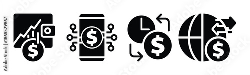 Digital Finance and Global Money Transfer Black Solid Icon Set