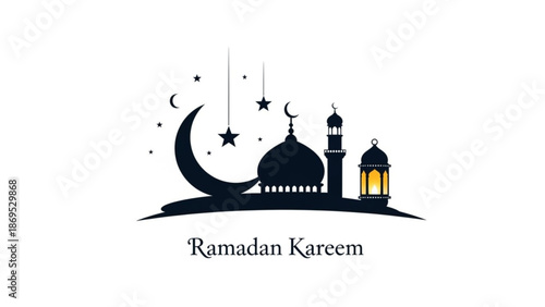 Ramadan Kareem Mosque Silhouette with Crescent Moon and Stars