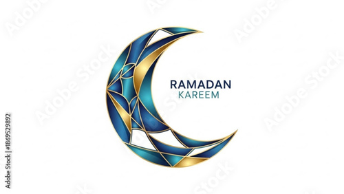 Ramadan Kareem Crescent Moon with Golden Accents and Blue Abstract Shapes