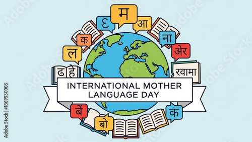 International Mother Language Day Illustration with Globe and Language Symbols