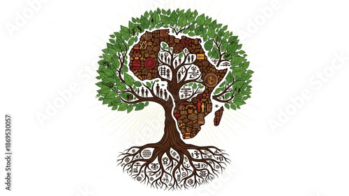 African Tree with Map Roots Symbolizing Culture and Heritage
