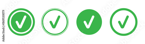 Green Check Mark Icons , Variations of Approval and Completion Symbols in Circular Silhouette Style