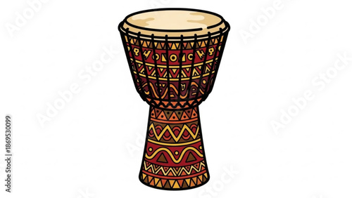 African Djembe Drum with Tribal Patterns Isolated on White Background
