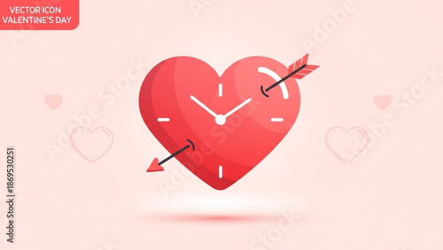 Red Heart Clock with Arrows on Pink Background Valentines Day Concept