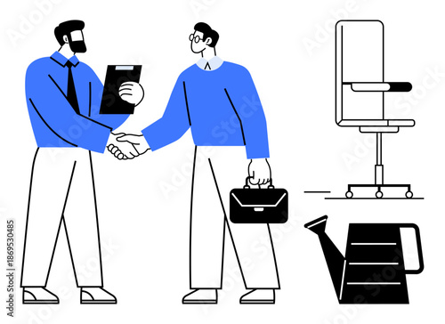 Collaboration, teamwork, business growth, professional partnerships, office management, networking. Two people shaking hands, chair briefcase and watering can in frame. Collaboration and teamwork