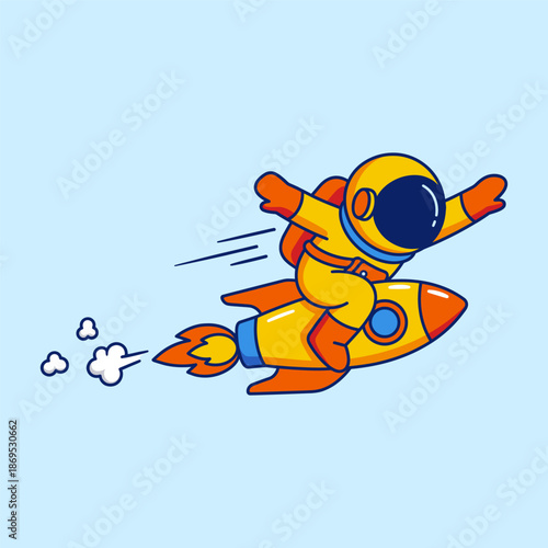 Cute cartoon astronaut riding a speeding rocket. Fun vector illustration of a spaceman in a yellow suit flying. Perfect for stickers, mascots, icons, and children's designs.