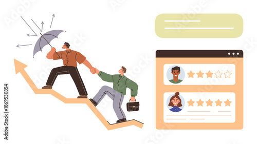 Business planning, teamwork, leadership, customer experience, online reviews, career development. Two people climbing an upward arrow with a screen showing star ratings. Teamwork and customer