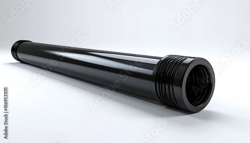 Black Industrial Pipe Nozzle with Threaded End on White Background.