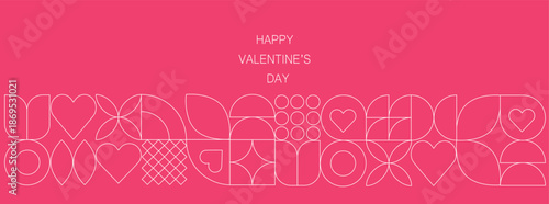 Set template design Happy valentines day banner, in minimalist style. Design line drawing, mosaic background. Abstract print background with simple shapes.
