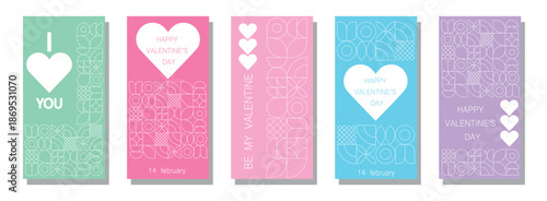Set template design Happy valentines day banner, in minimalist style. Design line drawing, mosaic background. Abstract print background with simple shapes.