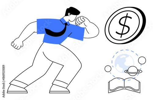 Business strategy, financial planning, education growth, economic success, futuristic learning, wealth creation. A professional character with a dollar icon and an open book with planetary elements