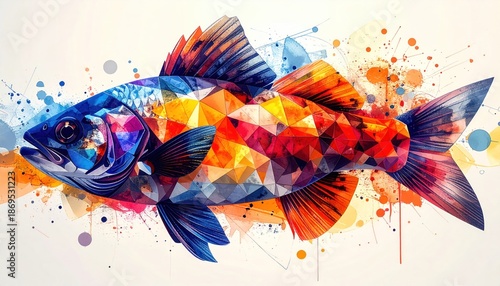 Vibrant Abstract Fish Art with Geometric Patterns and Watercolor Splashes.