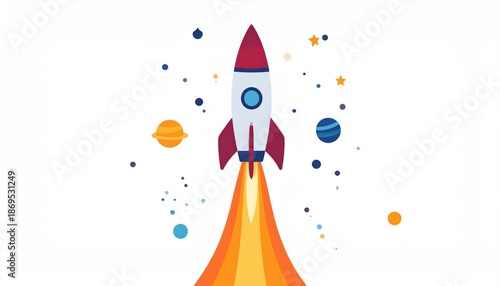 Rocket Launching into Space with Planets and Stars.