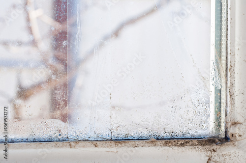 Slika na platnu Close-up of a dirty, grimy window pane with condensation and mold growth