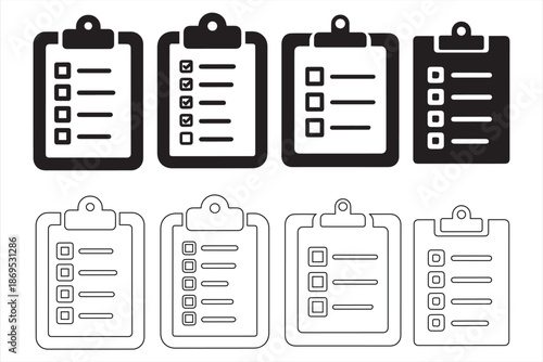 Set of eight black and white clipboard checklist icons for task management and organization