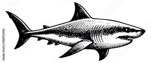 Hand drawn line art illustration of a great white shark depicting a fierce marine predator for ocean designs