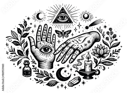 Hand drawn line art occult symbols set featuring mystical hands, all-seeing eye, moon, stars and magic items for spiritual concepts