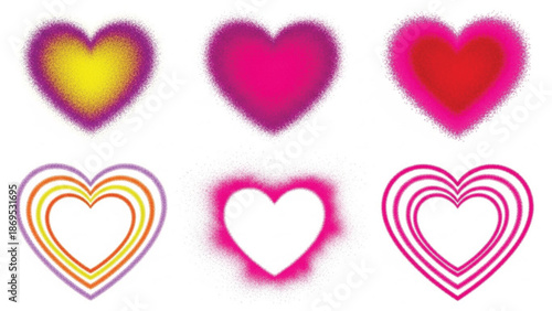 Six colorful heart shapes with textured and outline designs on a white background.