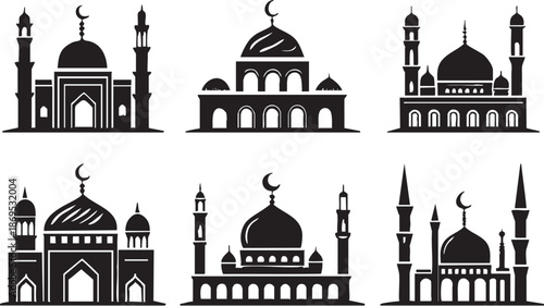 Islamic Mosque Silhouette with Crescent Moon and Stars