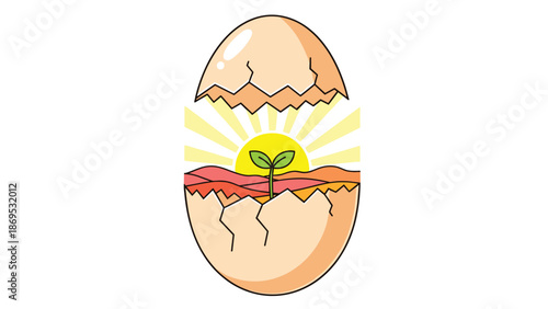 A cracked egg revealing a new beginning with a sprouting plant and sunrise, Generative AI.