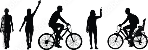 Black silhouettes of active people walking, cycling, and waving, set of male and female figures for urban transportation, outdoor fitness, and healthy lifestyle concepts