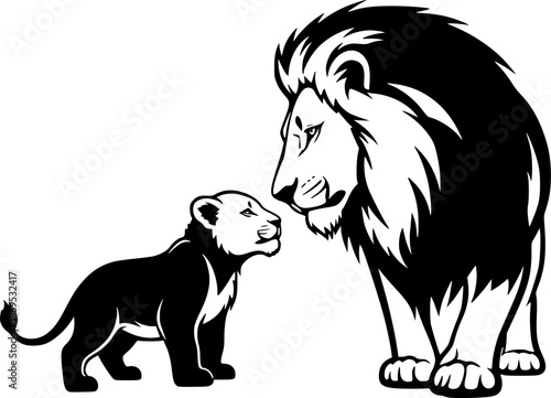 Lion and Cub Silhouette – Black Vector Illustration, Majestic Wildlife Scene, Parent and Offspring Bond, African Animal Clipart