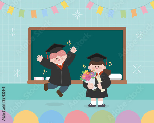 교실에서 졸업을 축하하는 학생 일러스트
