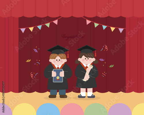 레드커튼에서 졸업을 축하하는 학생 일러스트
