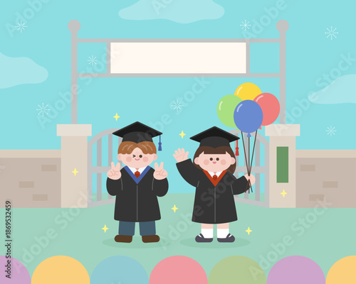 교문에서 졸업을 축하하는 학생 일러스트