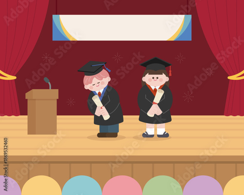 무대에서 졸업을 축하하는 학생 일러스트