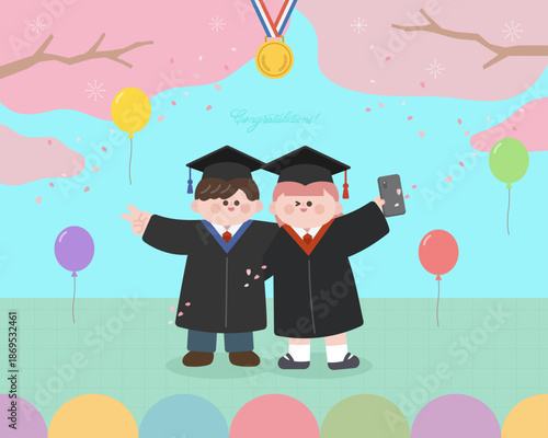 벚꽃나무에서 졸업을 축하하는 학생 일러스트