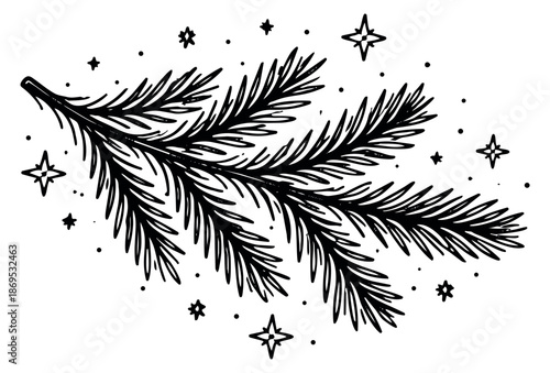 Hand drawn line art illustration of a pine branch depicting festive elements for Christmas and winter holidays