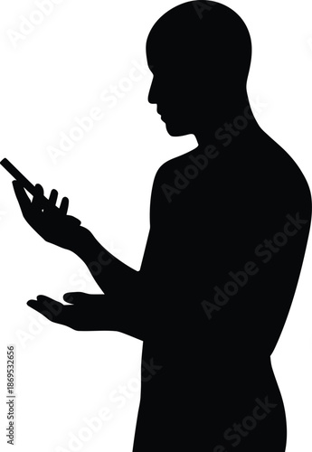 Silhouette of a man holding a smartphone and gesturing with his hands, side view male person
