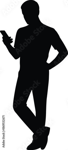 Silhouette of a man holding a smartphone and standing with one hand on his hip male person