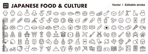 Japanese Food and Culture Icon Set – Editable Line Style