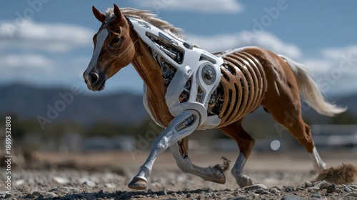 A stunning robotic horse showcasing a visible mechanical skeleton gallops across a sunlit desert, blending technology with organic form and evoking themes of freedom and transformation.