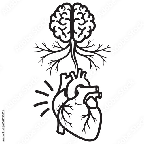 Stylized Human Brain with Roots Connecting to a Beating Heart