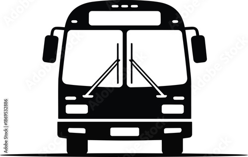 Front view black silhouette of a bus with windshield and lights transportation vehicle