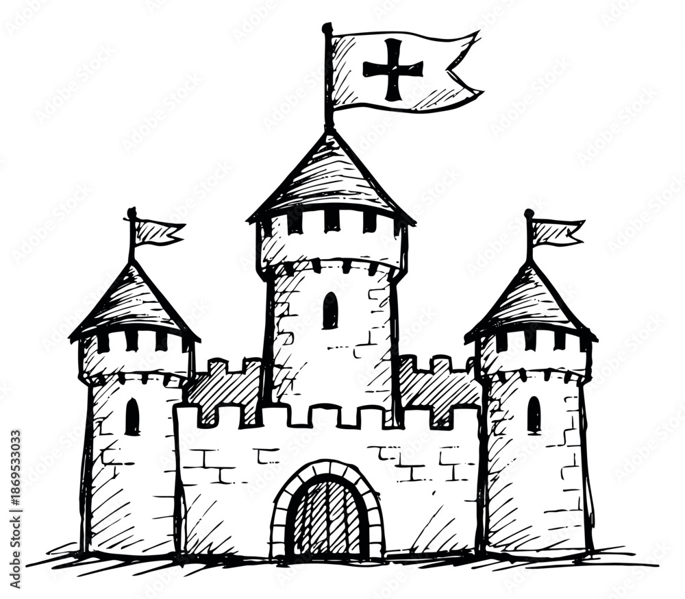 Fototapeta premium Hand drawn illustration of a medieval castle depicting a flag with a cross for fairytales and history