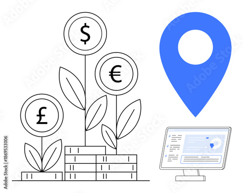 Finance, investment, geolocation, economic growth, digital business, global marketing. Plants with currency symbols, geolocation marker and digital screen with data. Finance and geolocation