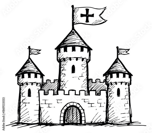 Hand drawn illustration of a medieval castle depicting a flag with a cross for fairytales and history